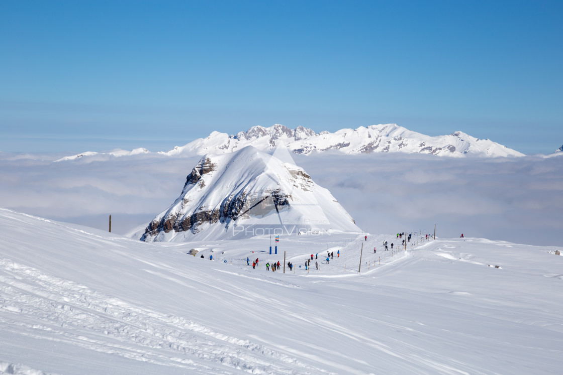 "Snowy Alpine ski slopes Flaine, Haute Savoie, France" stock image