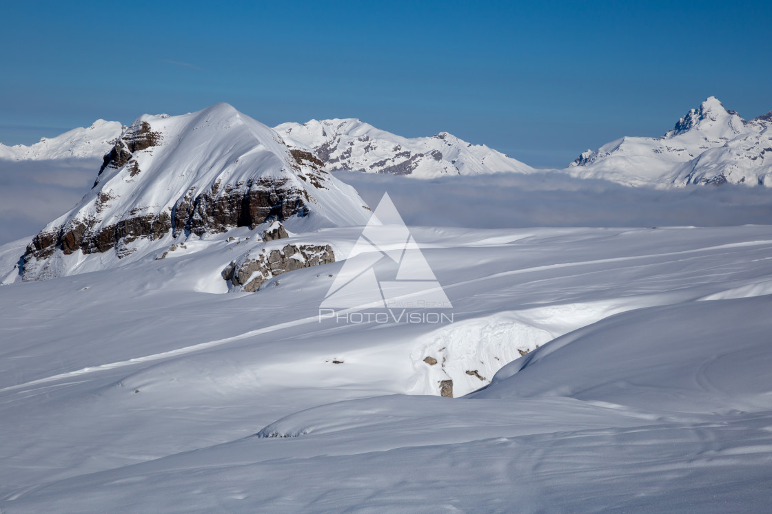 "Snowy Alpine ski slopes Flaine, Haute Savoie, France" stock image