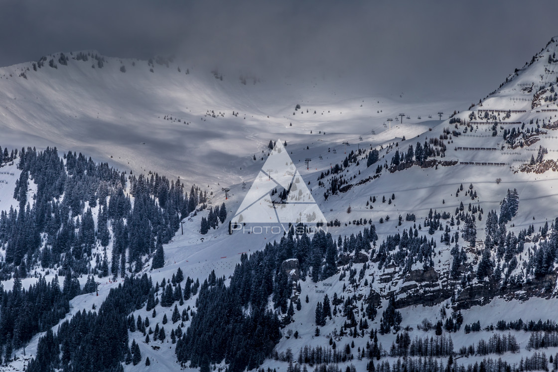 "Panorama of mountains rising from the clouds" stock image