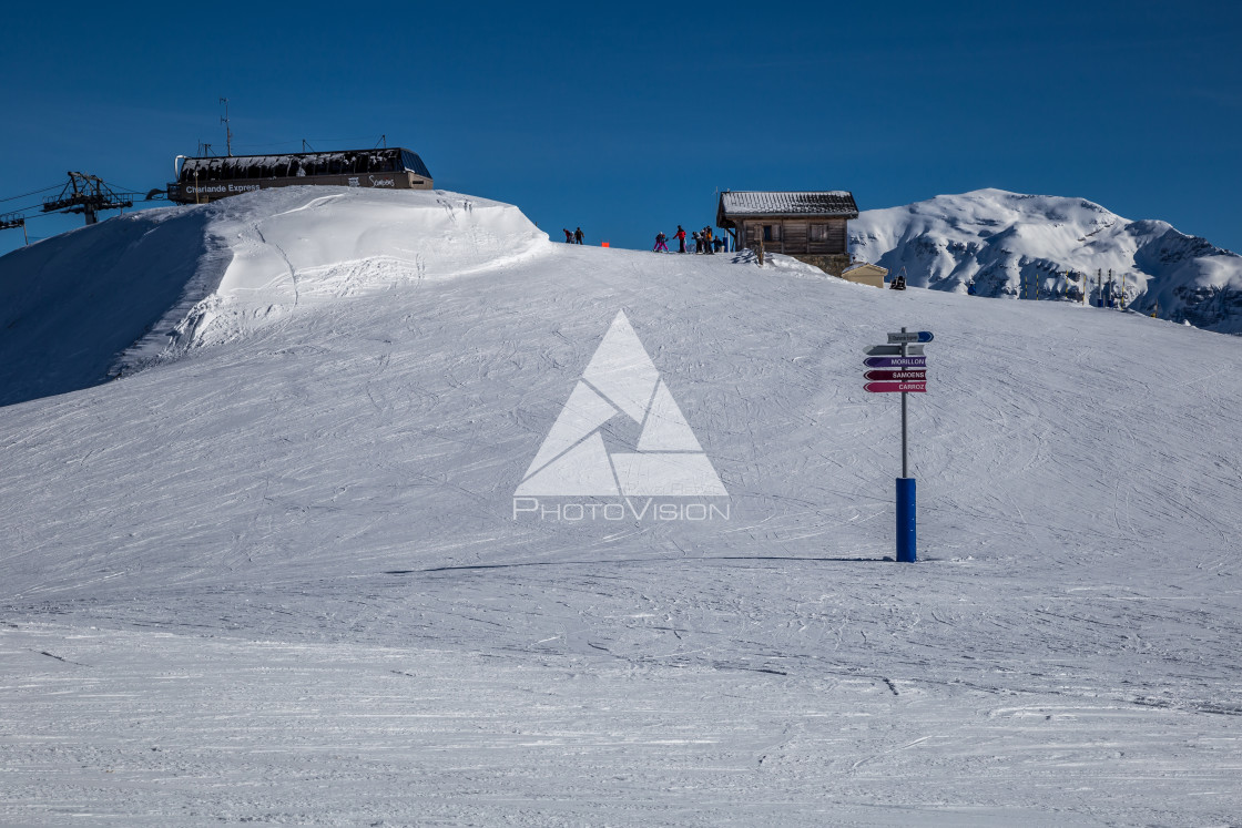 "Mountain peaks with cable cars and ski slopes" stock image