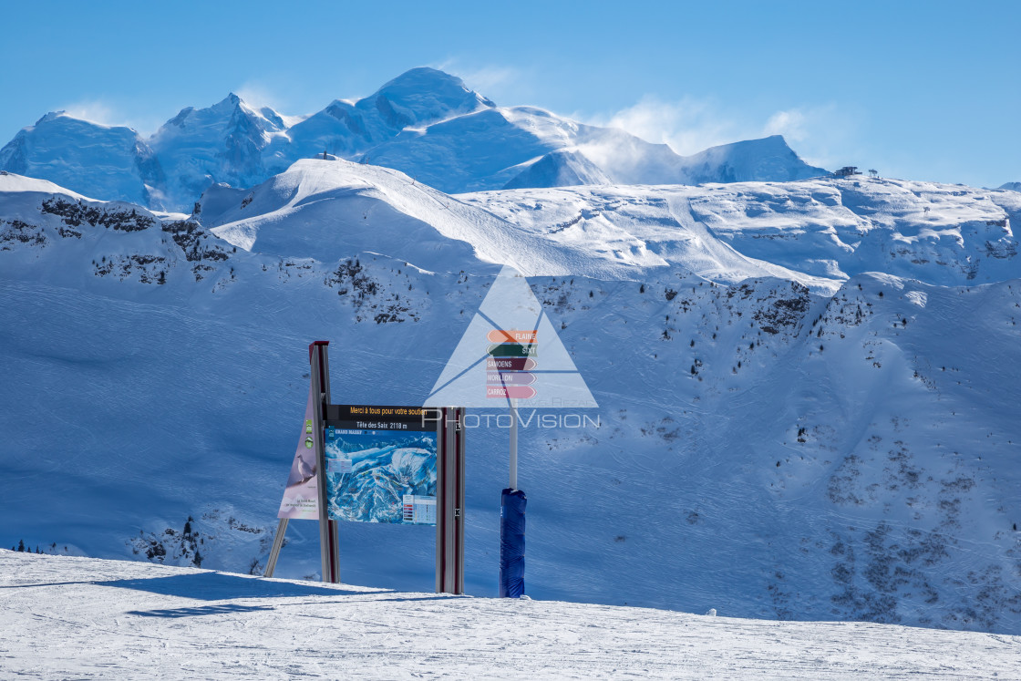 "Mountain peaks with cable cars and ski slopes" stock image