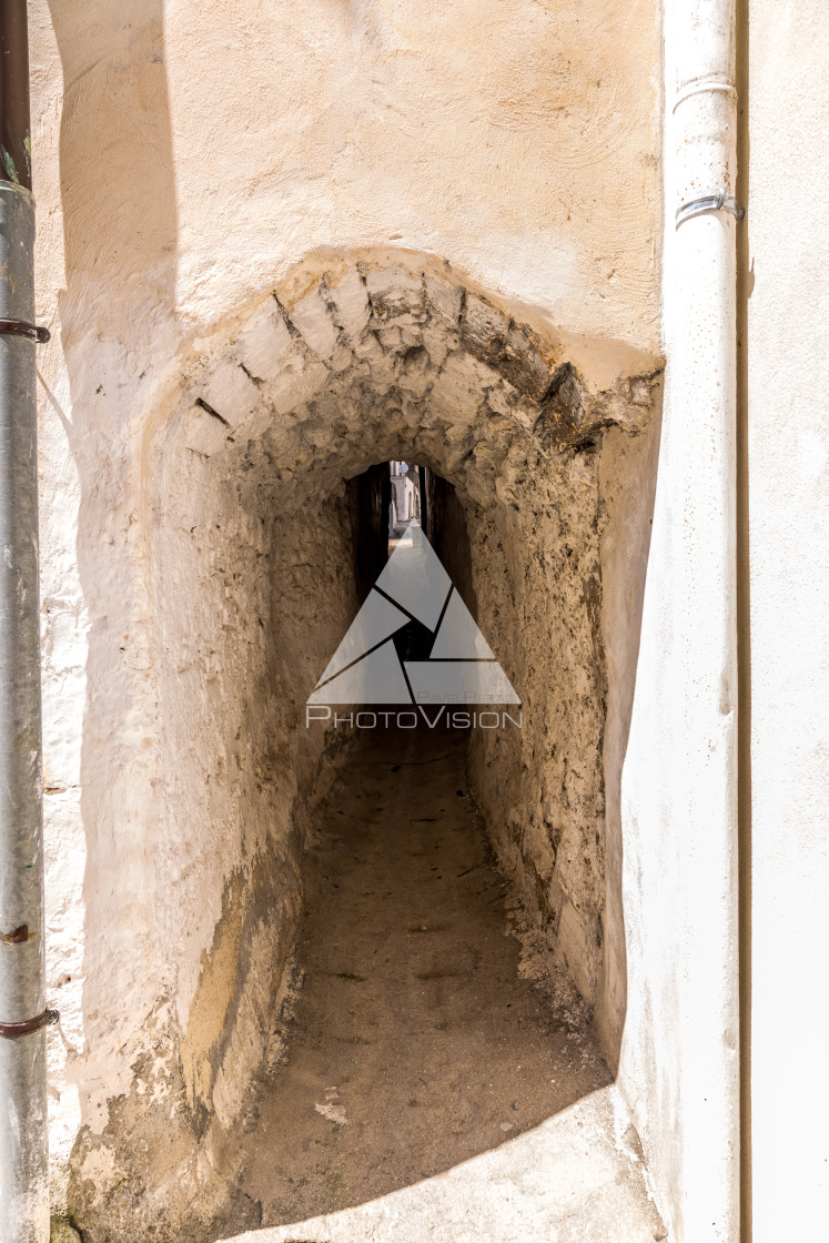 "Narrow streets and stairs lined with white houses" stock image