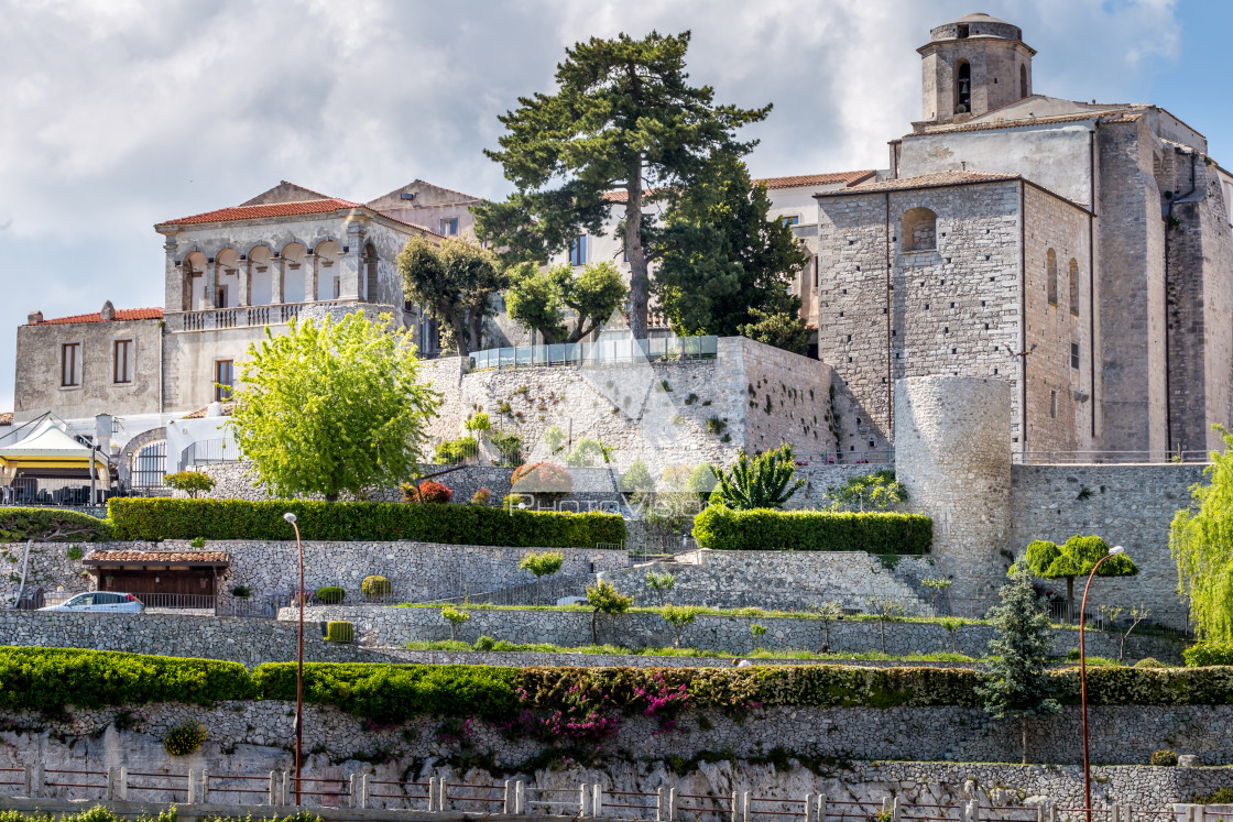 "Historic pilgrimage town on the hill" stock image