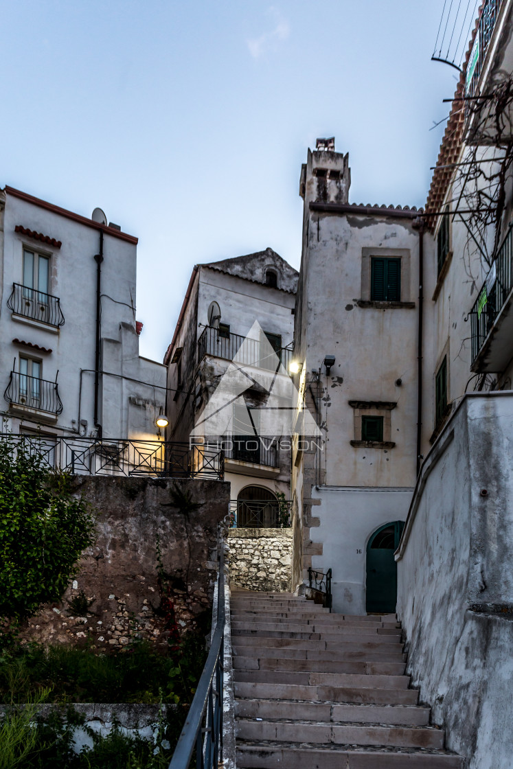 "Historic town of Rodi Garganico on a rock high above the sea with narrow..." stock image