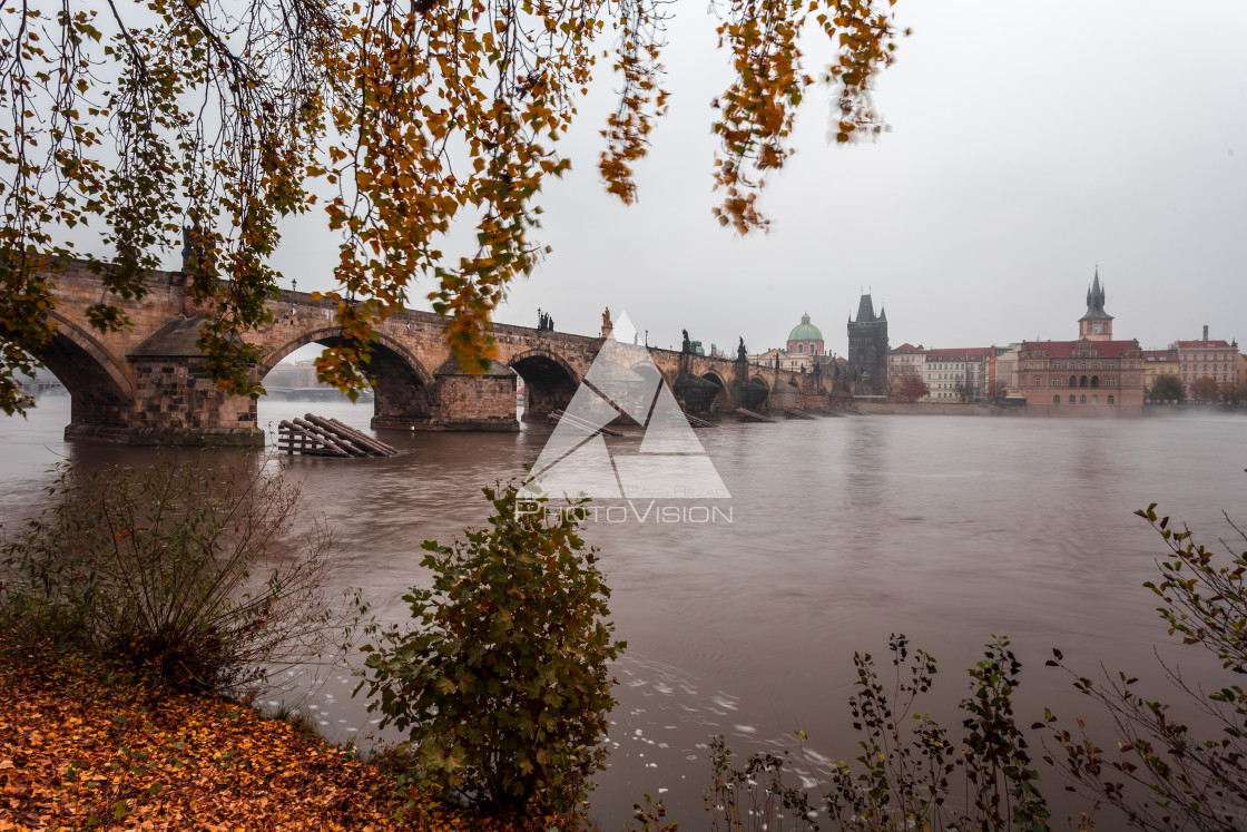 "Fog over the Vltava river near Charles Bridge" stock image