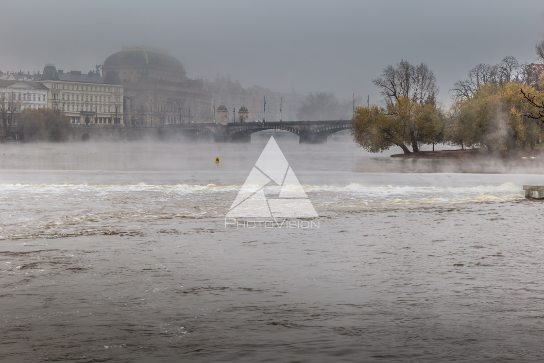 "Fog over the Vltava river near Charles Bridge" stock image