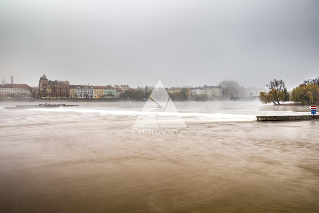 "Fog over the Vltava river near Charles Bridge" stock image