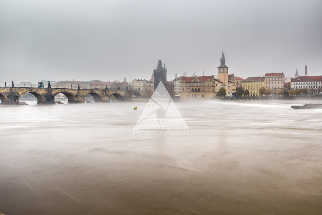 "Fog over the Vltava river near Charles Bridge" stock image