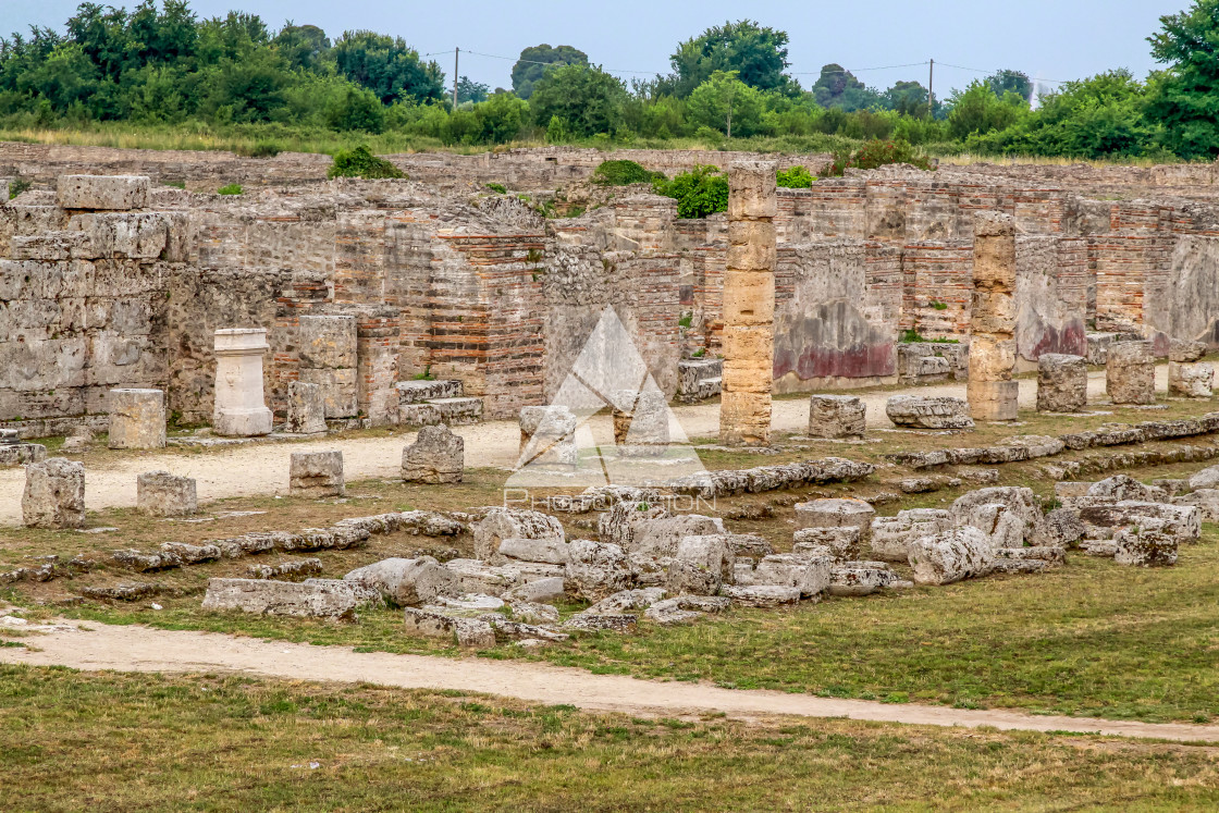 "Ruin of a Greek temple at Paestum Italy" stock image