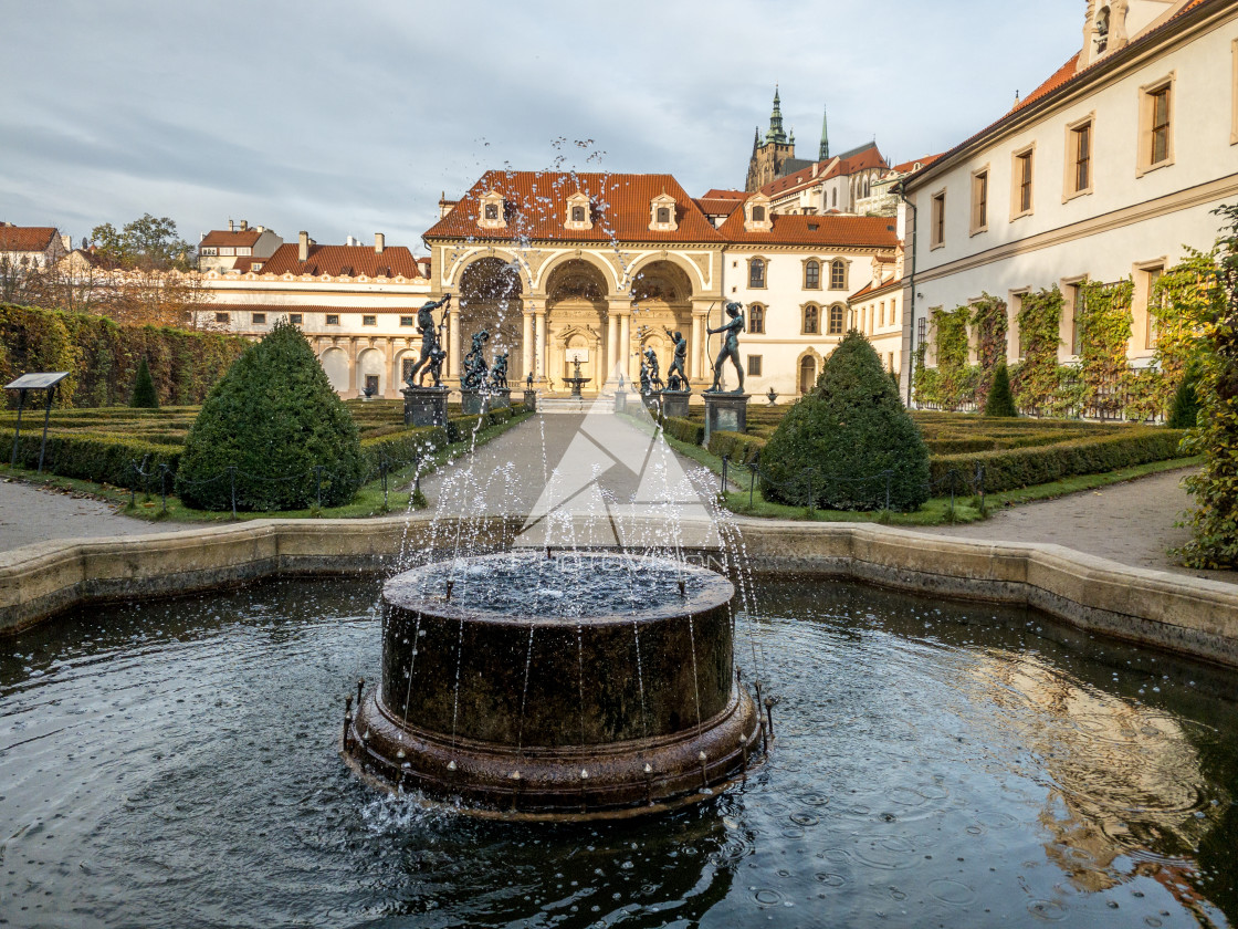 "Valdstejnska Garden and Prague Castle in Prague, Czech Republic" stock image