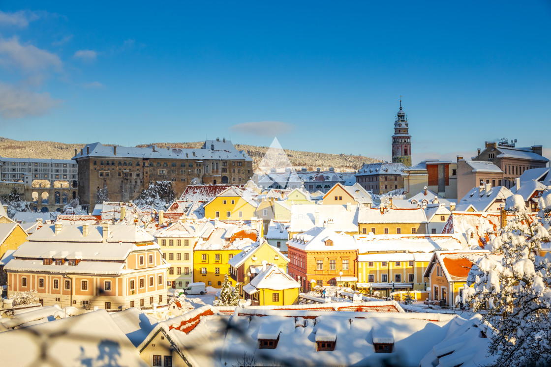 "View of Cesky Krumlov in winter, Czech Republic." stock image