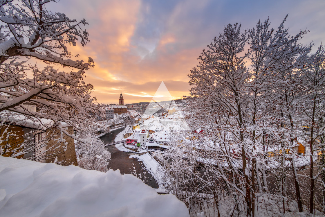 "View of Cesky Krumlov in winter, Czech Republic." stock image