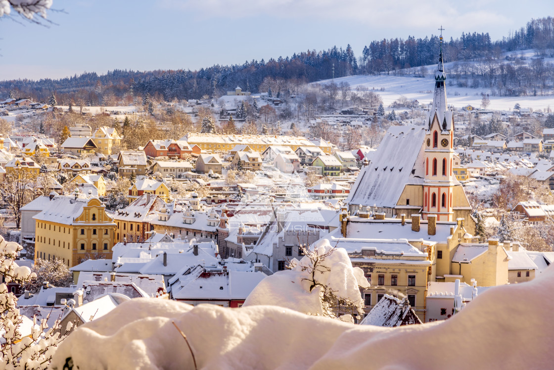 "View of Cesky Krumlov in winter, Czech Republic." stock image