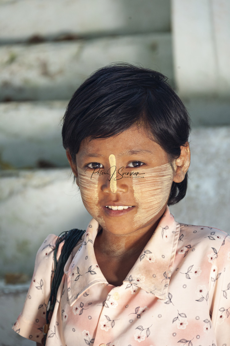 "0177 - Myanmar, Amarapura, Aung Myay Thar Zan Pagoda: boy with thanaka bark make-up" stock image