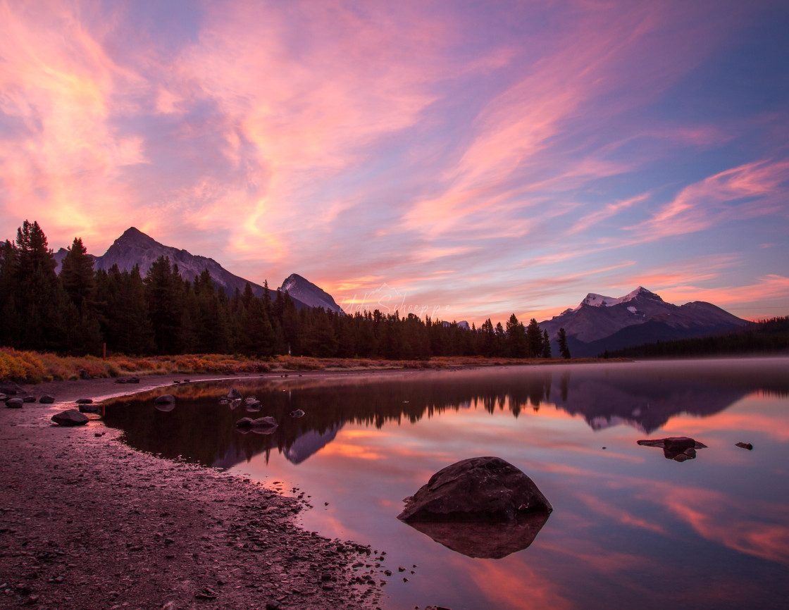 "Sunrise at Maligne Lake, Jasper" stock image