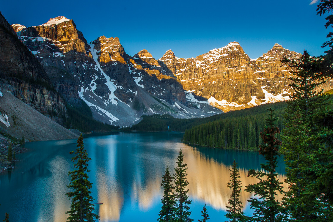 "Sunrise at Moraine Lake, Banff National Park" stock image