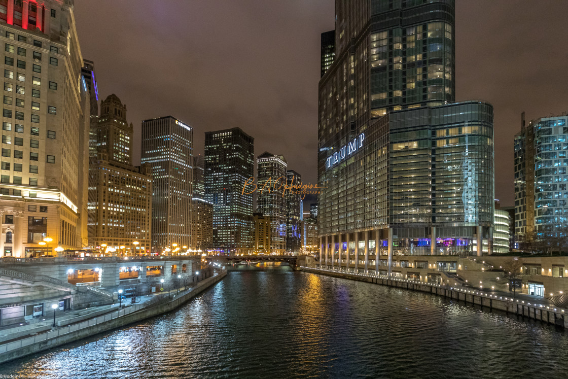 "Night Time on the Chicago River" stock image