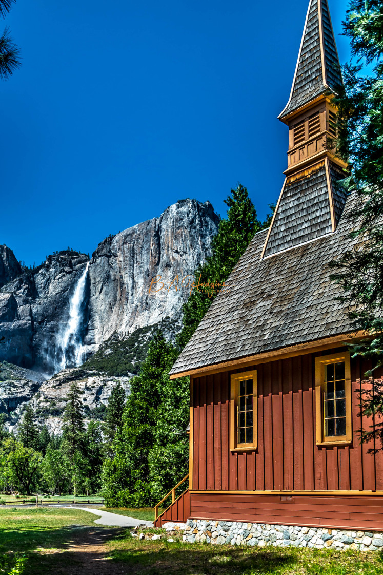 "Upper Falls and Yosemite Chapel" stock image