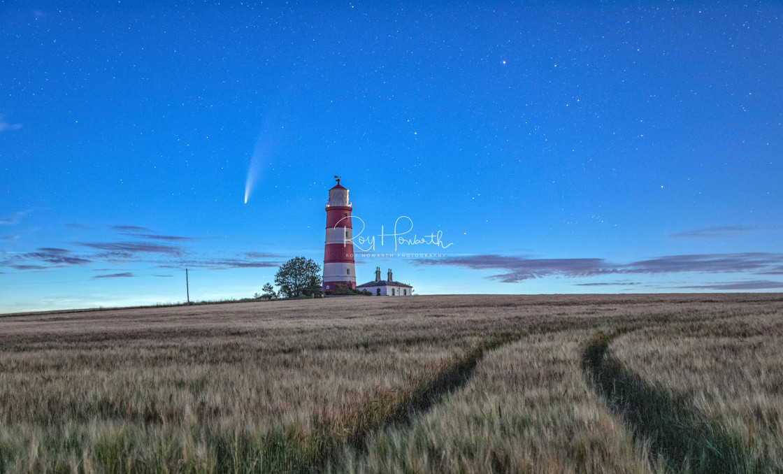 "Happisburgh Lighthouse and Comet Neowise" stock image