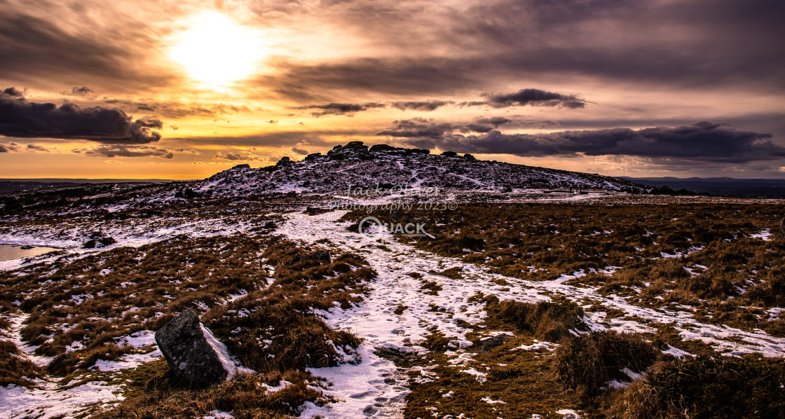 "Golden sunset over snow covered Pew Tor" stock image