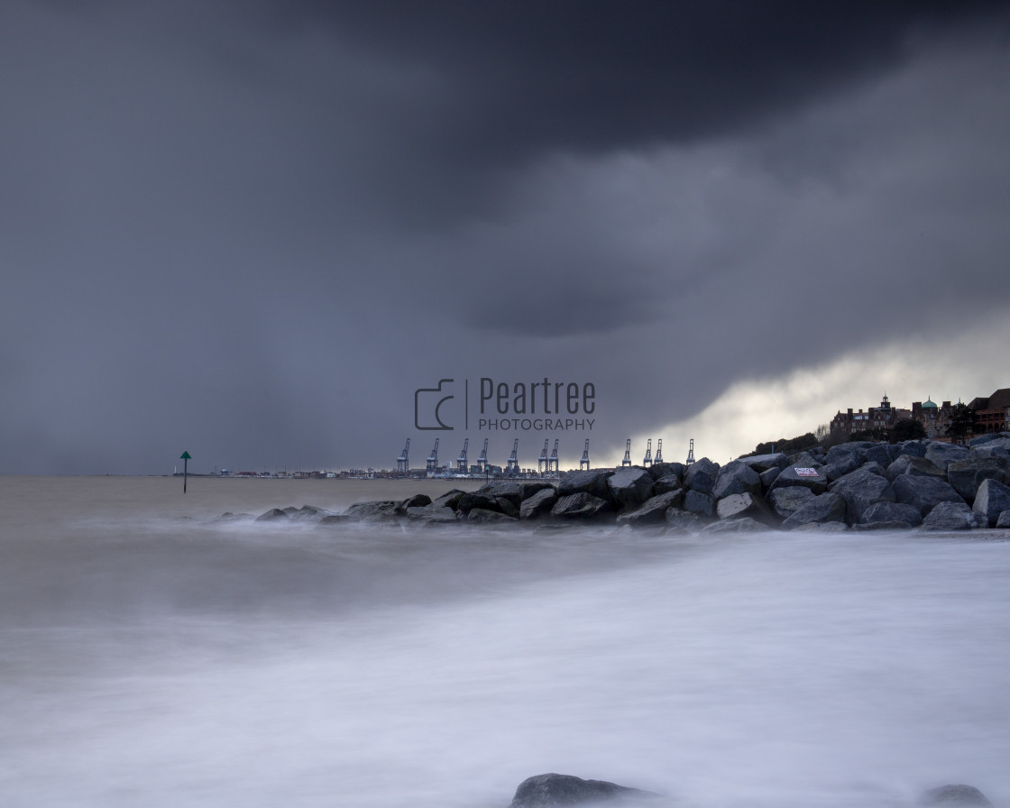 "Incoming storm over the suffolk coastal town of Felixstowe" stock image