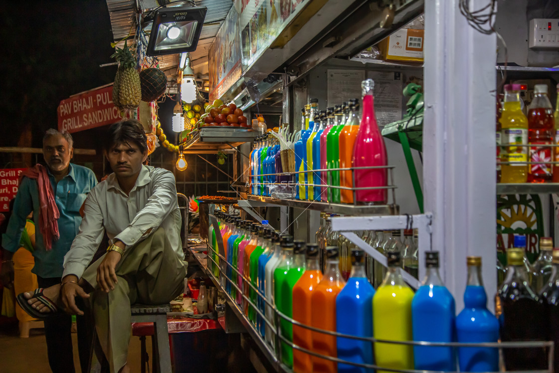 "Chowpatty beach mumbai with food, snack Soda pop stalls." stock image