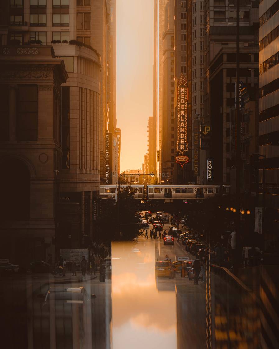 "Chicago Sunset Reflections" stock image