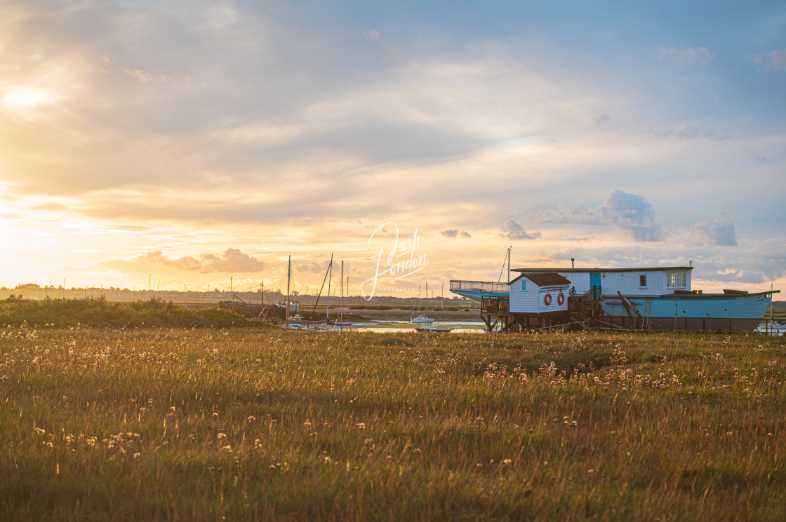 "Golden light over Mersea houseboats" stock image