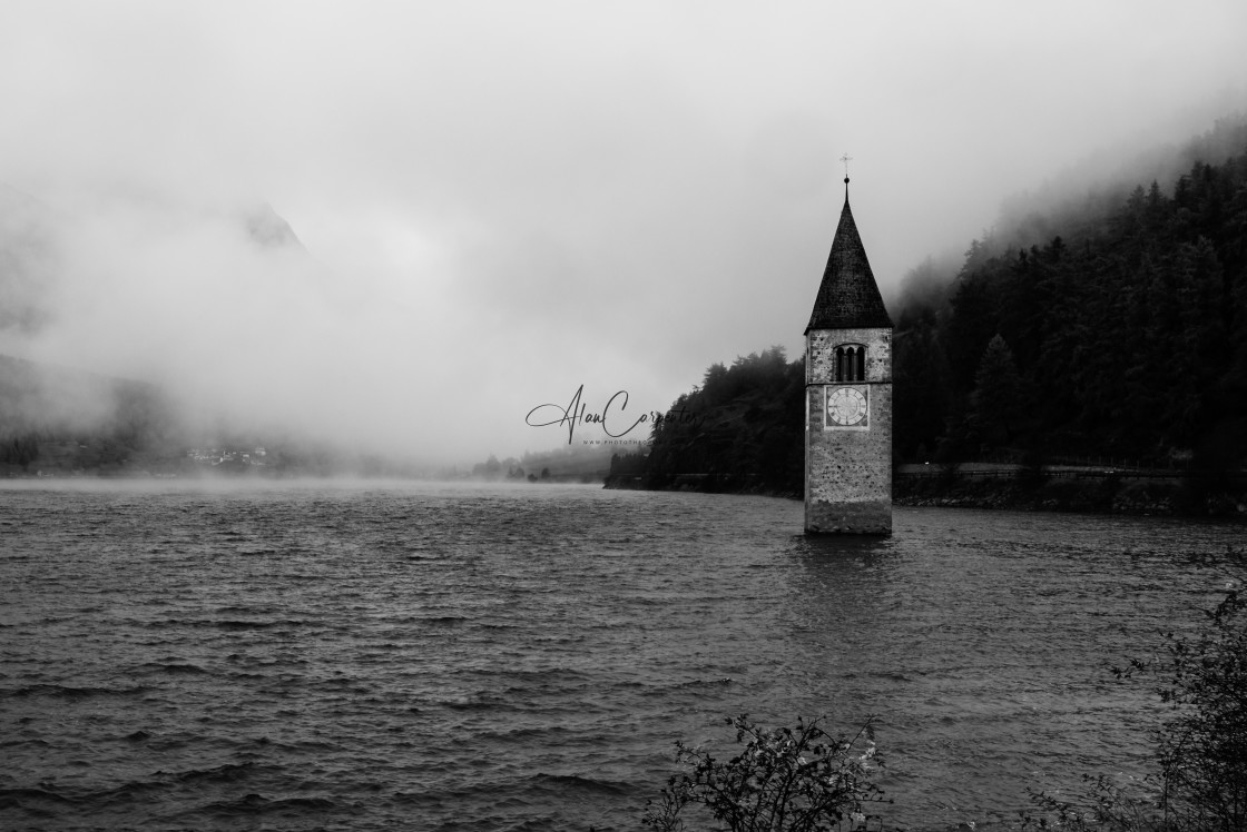 "The flooded church in Lago di Resia" by Alan Carpenter - £14.99 "The flooded church in Lago di Resia" stock image
