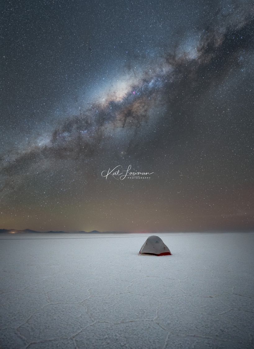 "Solitary salt camping under the stars, Salar de Uyuni, Bolivia" stock image