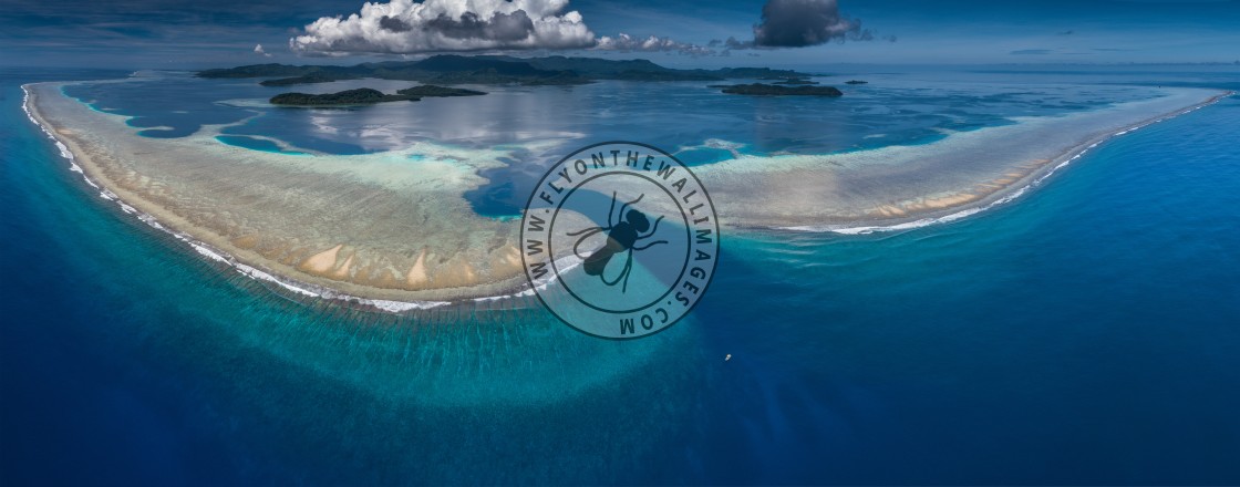 "Tiny dive boat Mwand Pass, Pohnpei, FSM" stock image