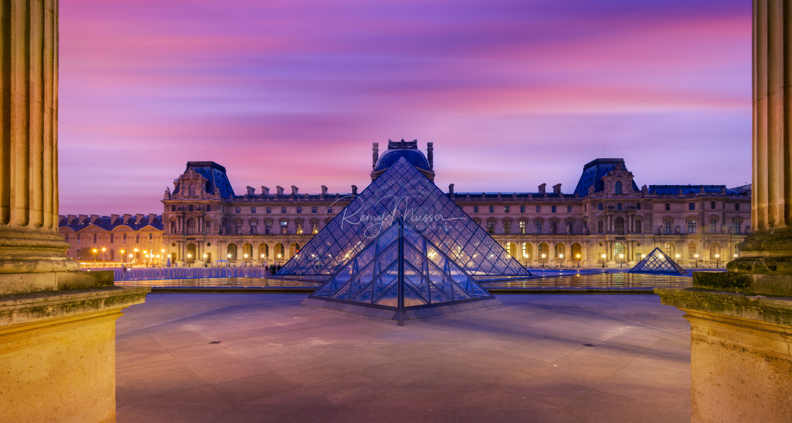 "iew of famous Louvre Museum with Louvre Pyramid at evening" by Remy Musser Premium Collection - £50.00 "iew of famous Louvre Museum with Louvre Pyramid at evening" stock image