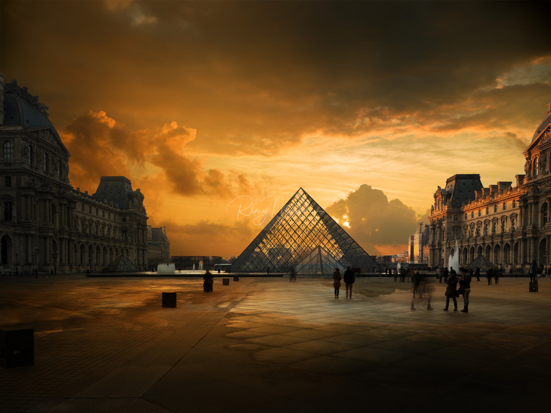 "View of famous Louvre Museum with Louvre Pyramid" by Remy Musser Premium Collection - £50.00 "View of famous Louvre Museum with Louvre Pyramid" stock image