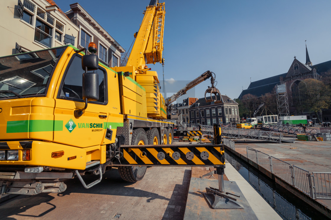 "Big yellow mobile crane used for The Passion" stock image