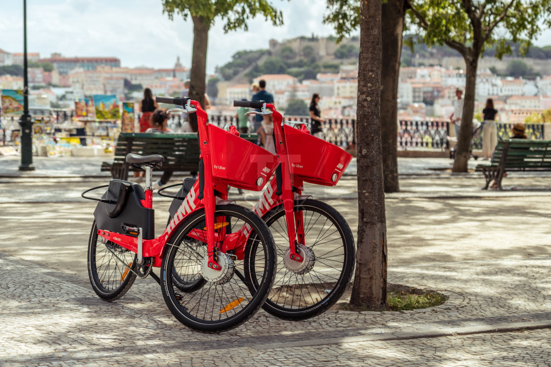 "Front view of two Uber-Jump electric bicycles" stock image