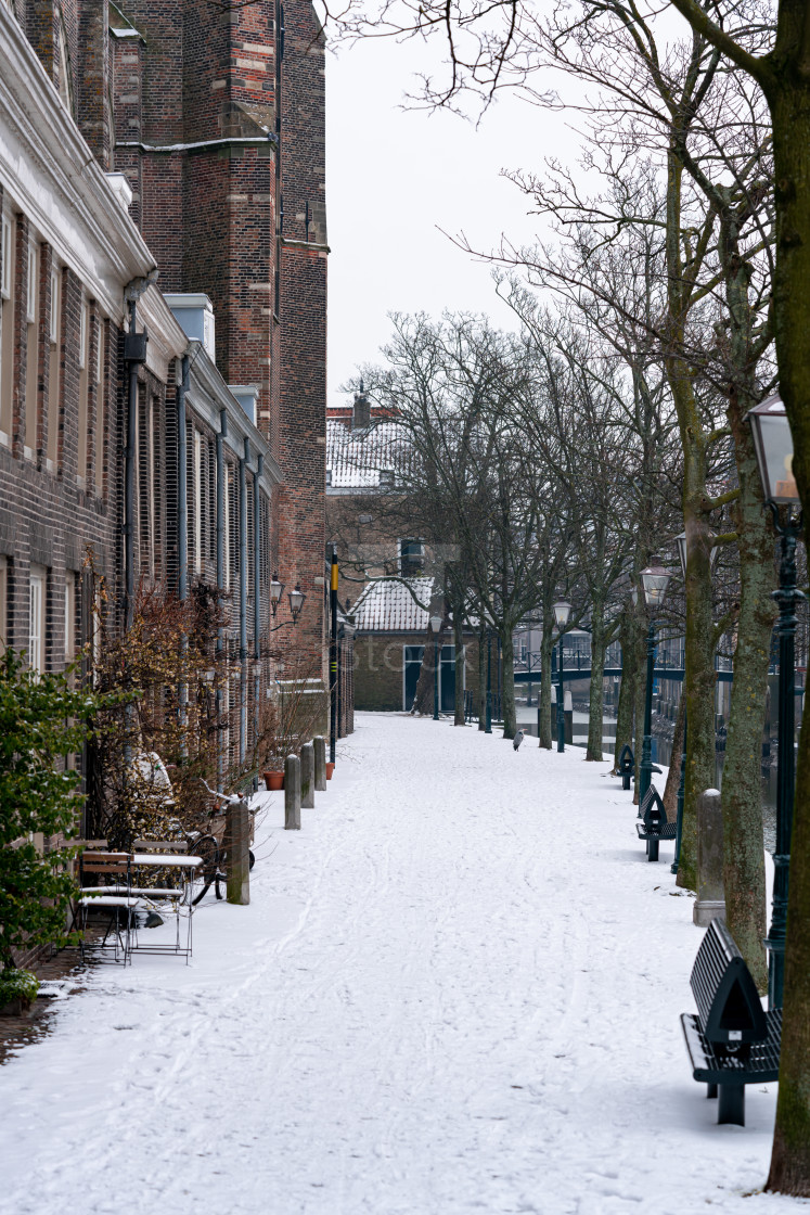 "Snowy Pottenkade in historical Dordrecht" stock image