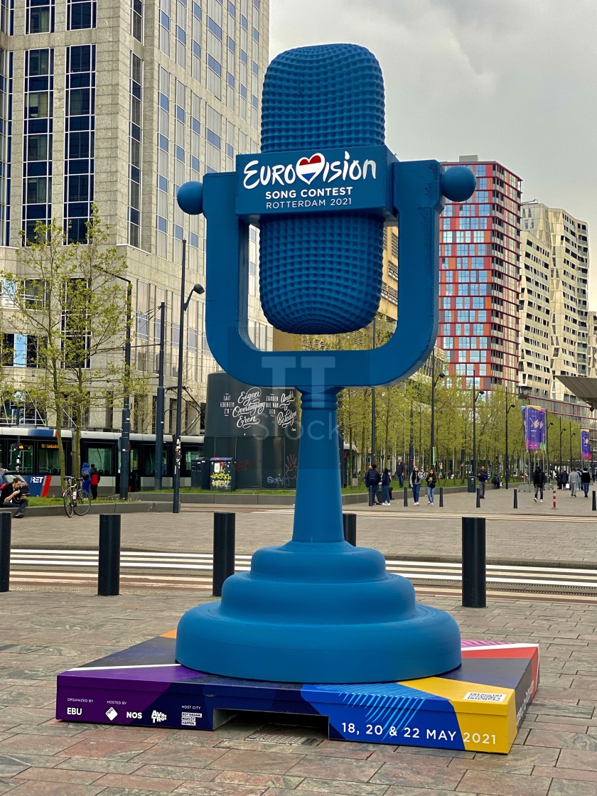 "Eurovision Song Contest Rotterdam 2021 blue logo symbol outside Central Railway Station in the city." stock image