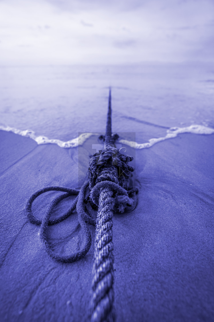 "Ships rope knot on tropical beach sea horizon in PANTONE 17-393" stock image