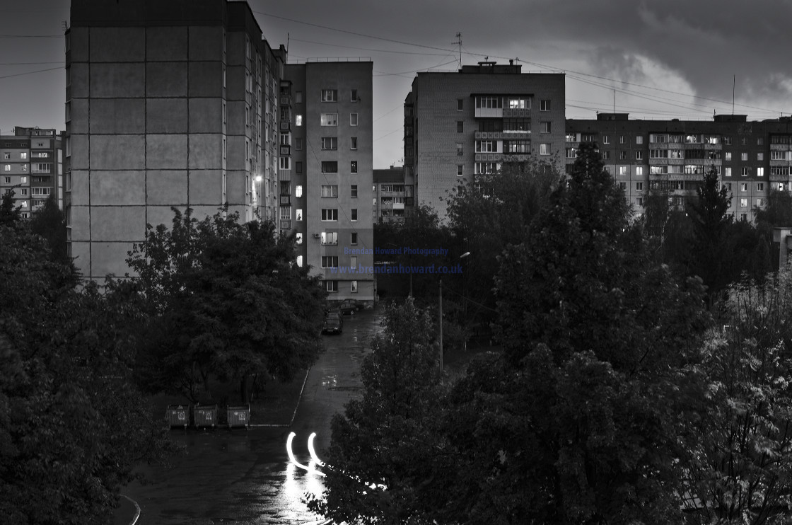 "Soviet era architecture residential view at dusk" stock image