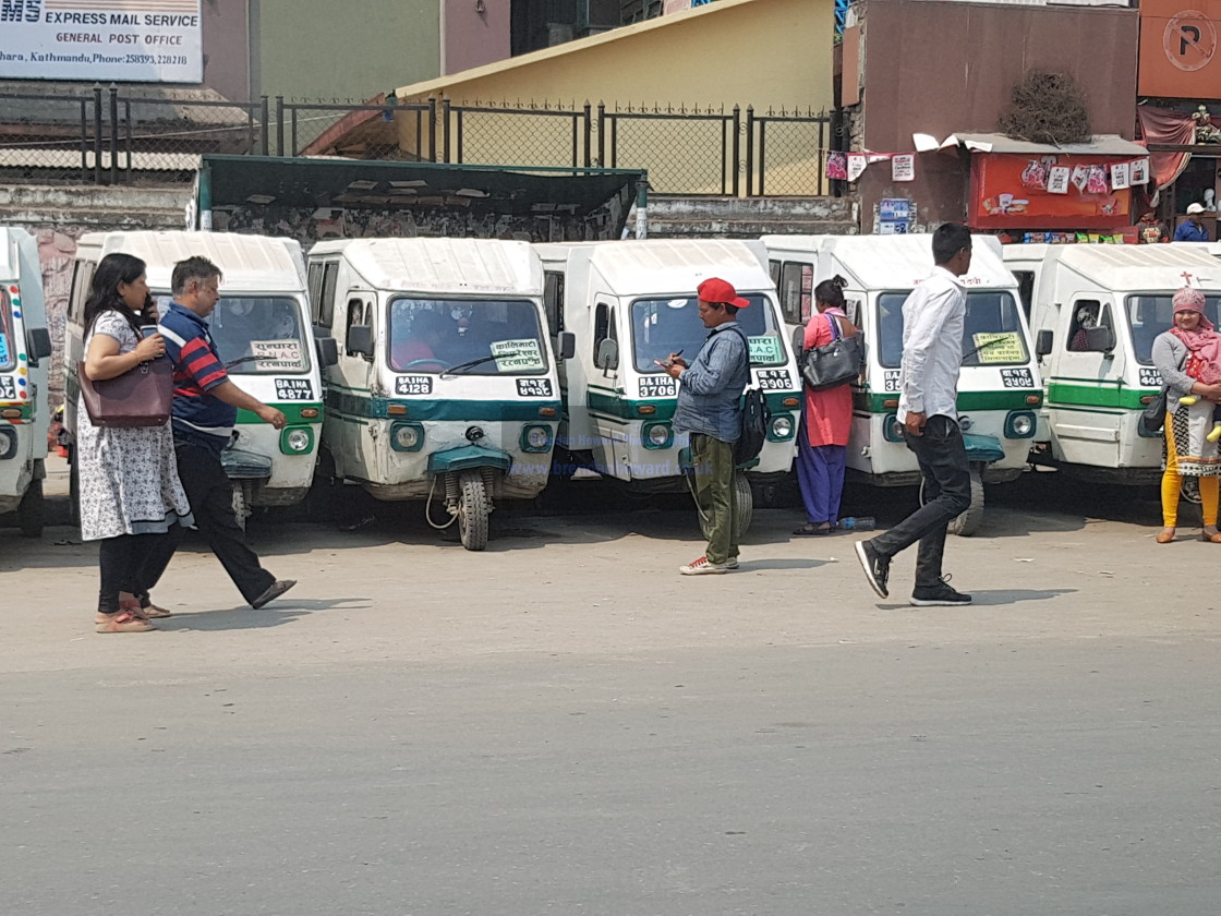 "Line of Tuk Tuks, Kathmandu, Nepal" stock image