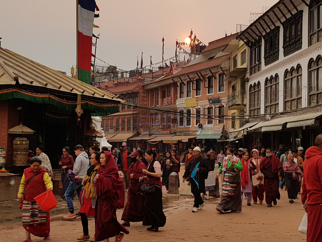 "People circling Swayambhunath Temple, Kathmandu" stock image