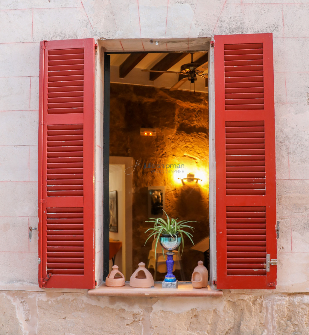 "Open Window with Red Shutters" stock image