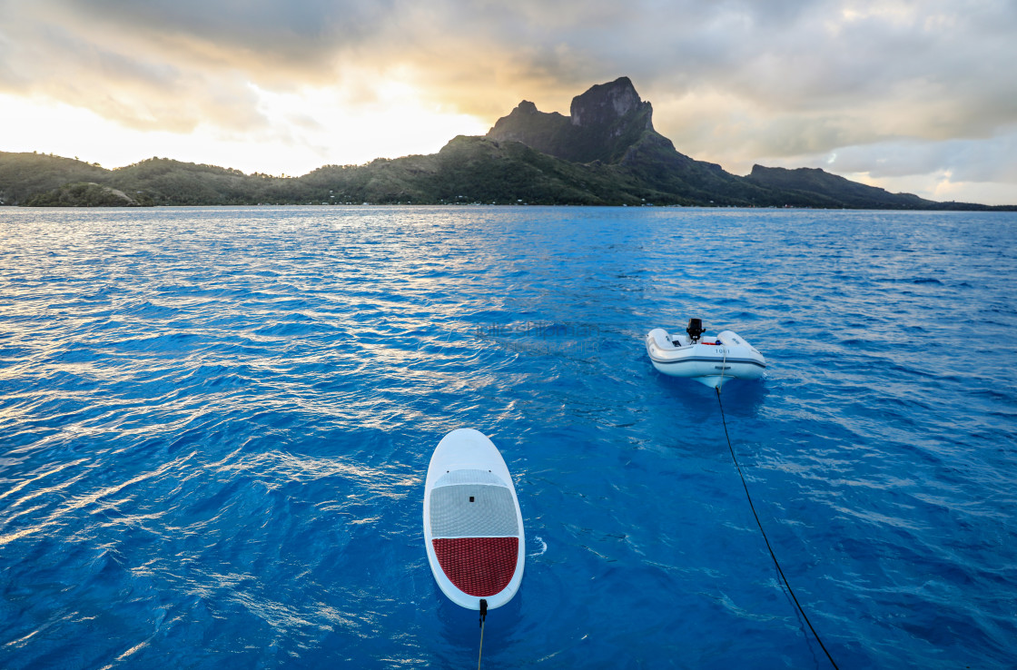 "Dinghy and paddleboard in Bora Bora." stock image