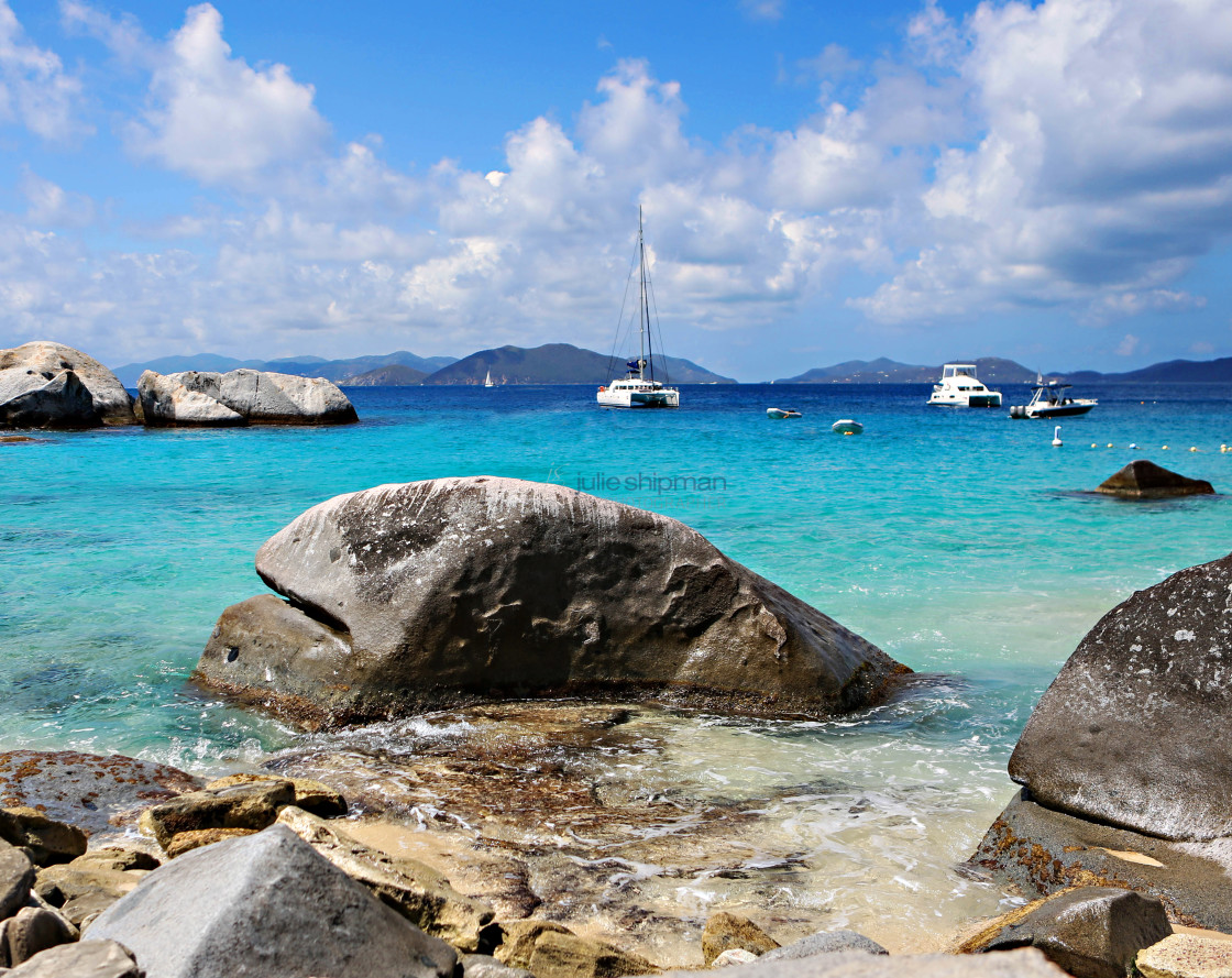 "Boats at anchor off the Baths of Virgin Gorda, BVI." stock image