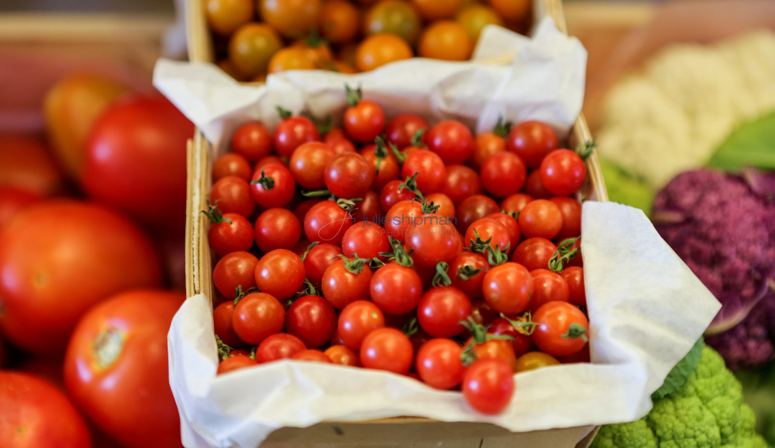 "Cherry tomatoes for sale at Flora Farms." stock image