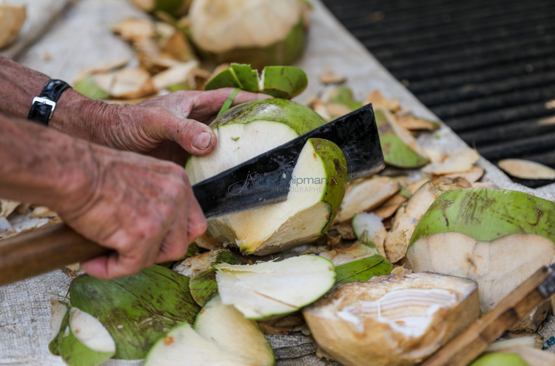 "An older Thai man cutting a coconut." stock image