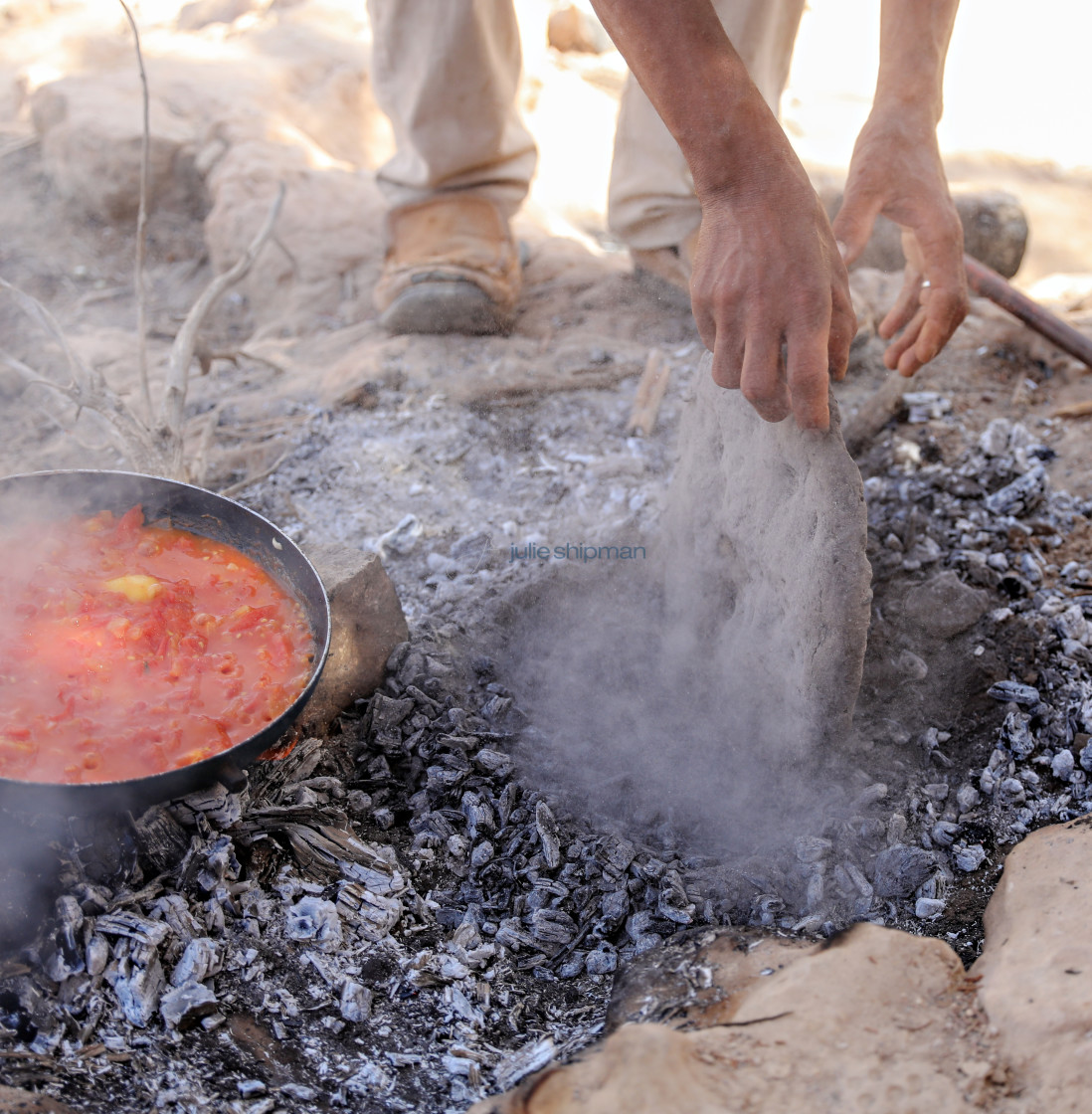 "Cooking over a fire on the Jordan Trail." by Julie Shipman - $18.66 "Cooking over a fire on the Jordan Trail." stock image