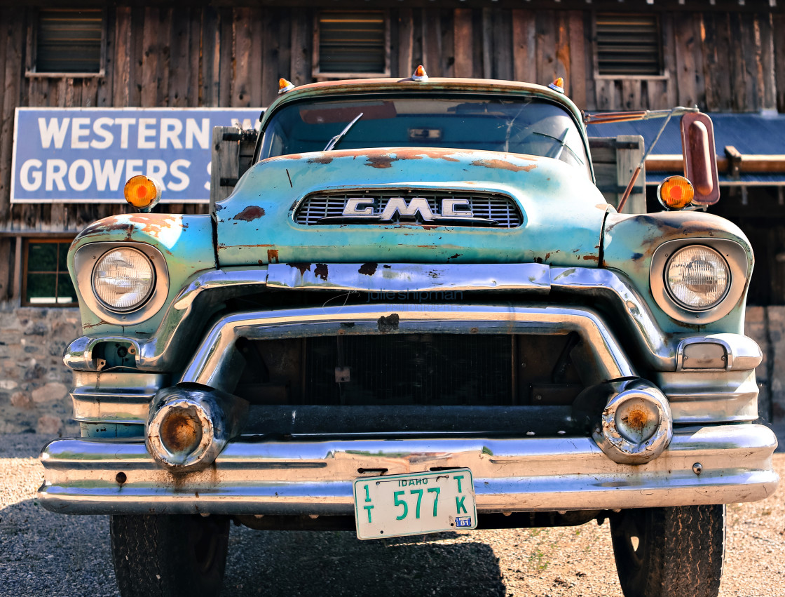 "An old GMC truck in front of Western Growers on our adventures on a ranch in Alta, Wyoming, on the west side of the Teton Mountains." stock image