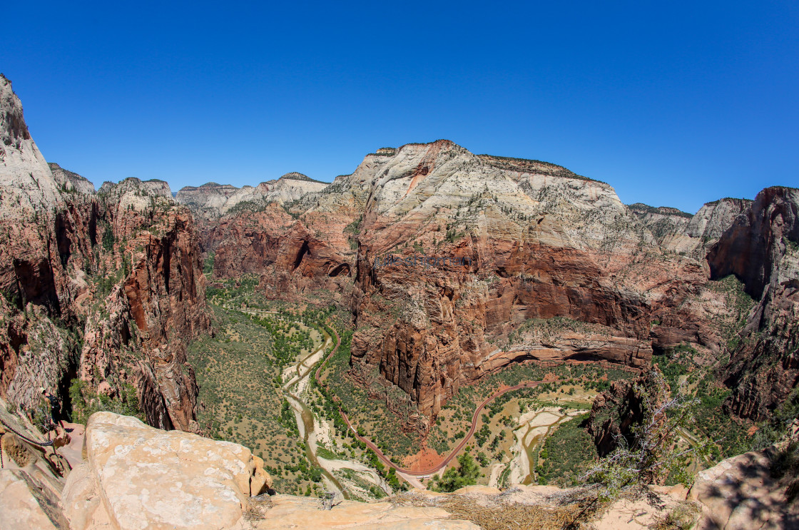 "The view from the top of Angels Landing during adventures in Zion National Park, Utah, USA." stock image