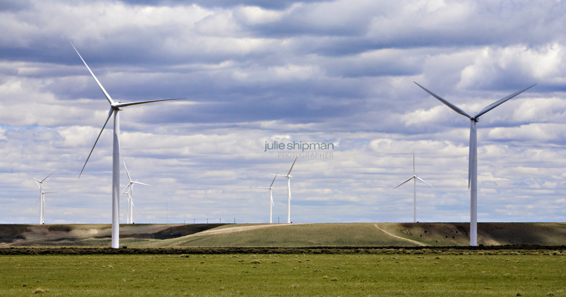 "Wind turbines on the hills adventures in the Bridger Valley." stock image